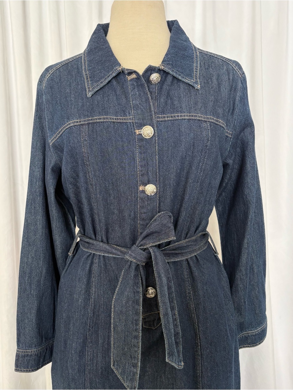 DKNY Dark Blue Denim Long-Sleeve Shirt Dress with Waist Tie NWOT - Picture 4 of 5